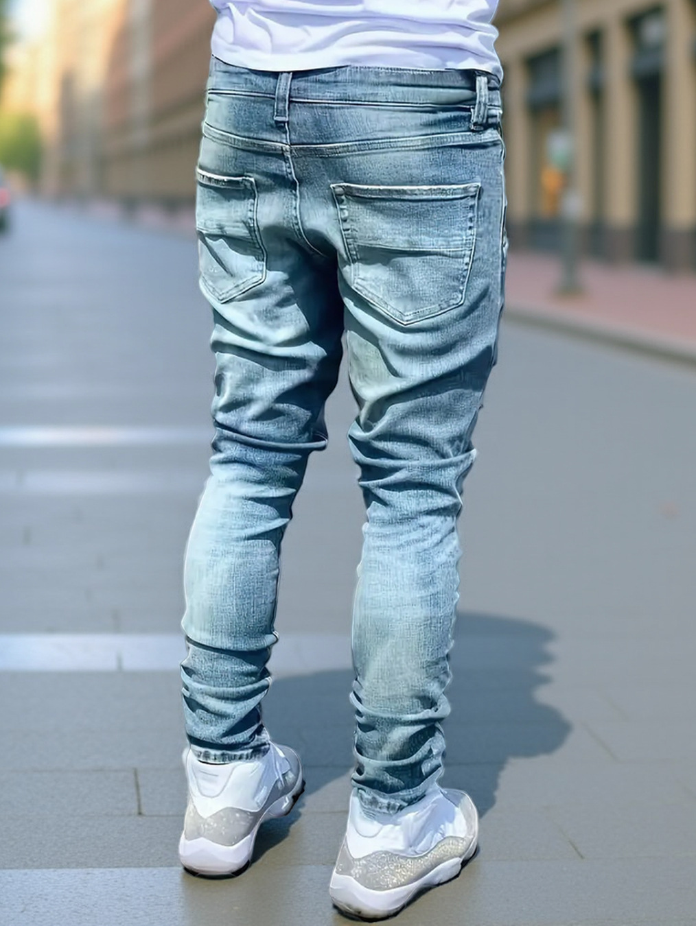 Slim Fit Men's Distressed Jeans Mid Waist Blue Cotton Casual Straight Pants With Slight Stretch For Spring Autumn_mkmklike.com