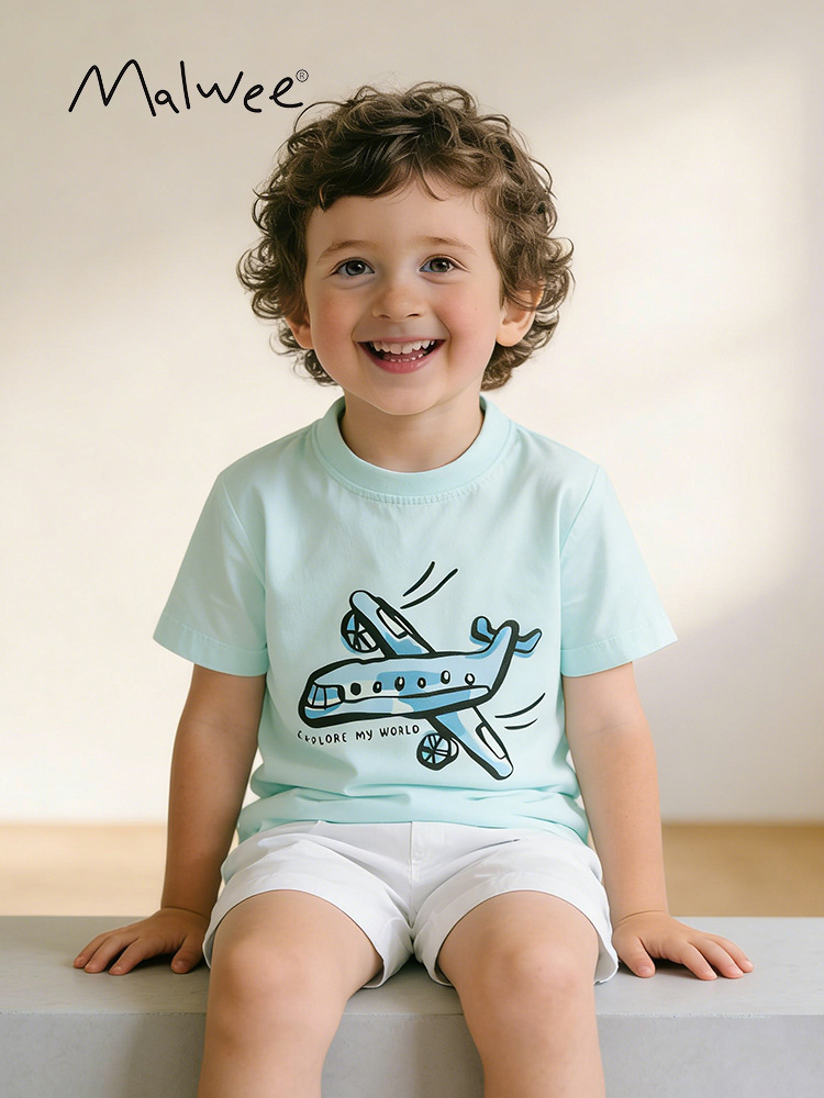 Malwee transfronterizo de verano europeo y americano para niños de manga corta de manga corta de cuello redondo delgado versátil camiseta superior infantil