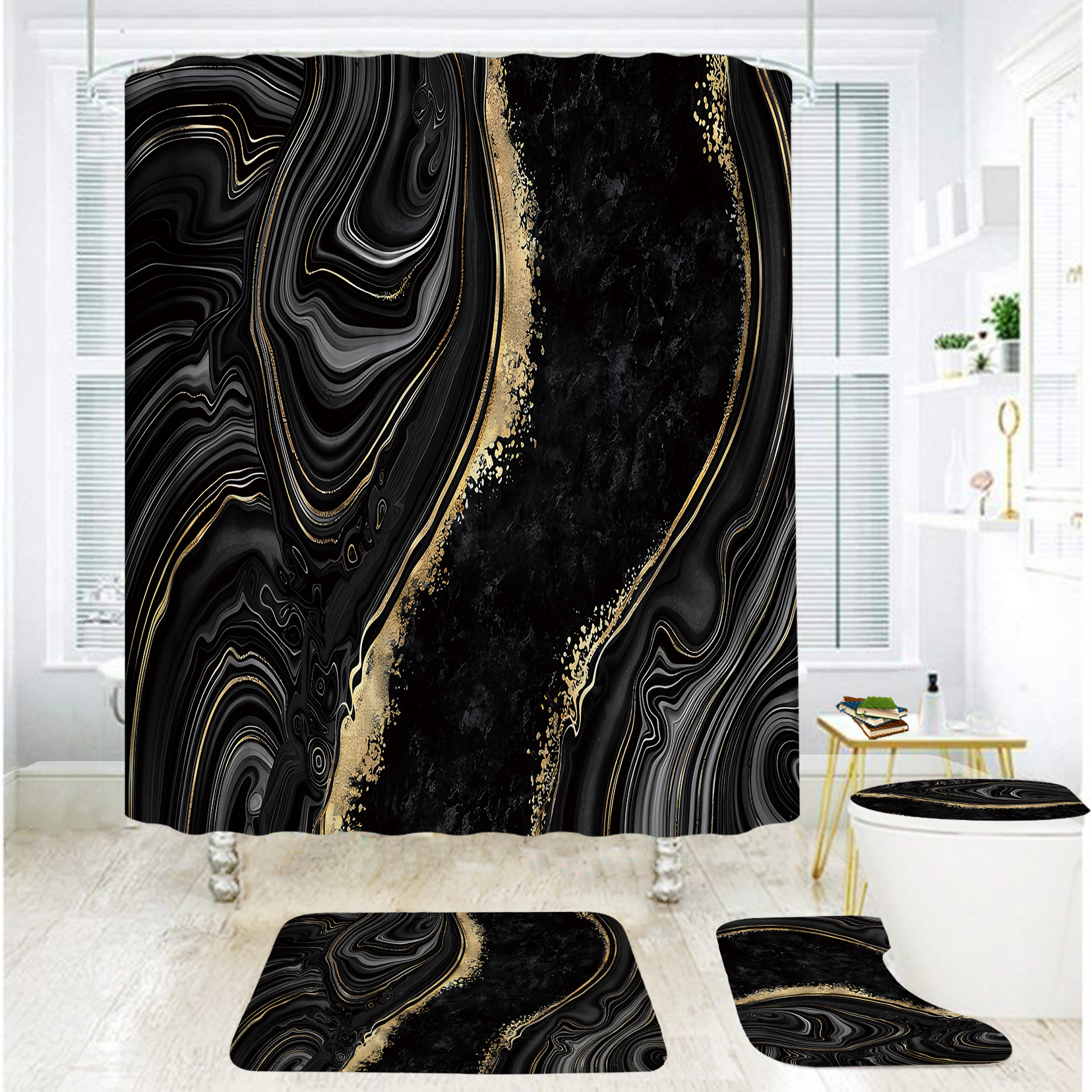Waterproof Bathroom Shower Curtain Set, Gold Marble Shower Curtain 4-Piece Set, Curtain for Shower Enclosure, No Drilling Required
