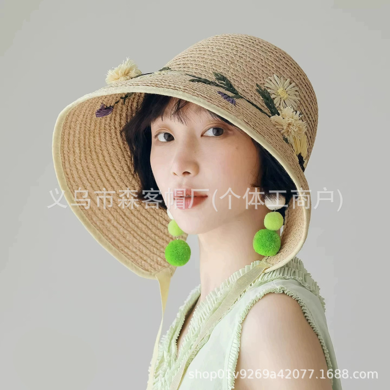 High-Quality Raffia Flower Lampshade-Style Straw Hat for Women, Summer Beach Photography Hat with Tie Straps and Large Brim, Fisherman's Hat