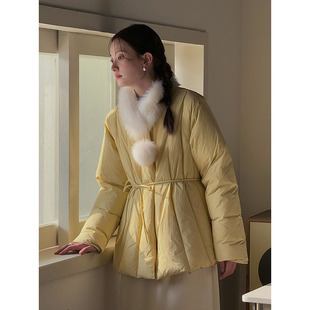 [Scandinavian Love Letter 2 Colors] Ge Ming Korean Commuting with Fur Collar Thickened Cotton Clothes Winter Waist Tie Jacket N653B