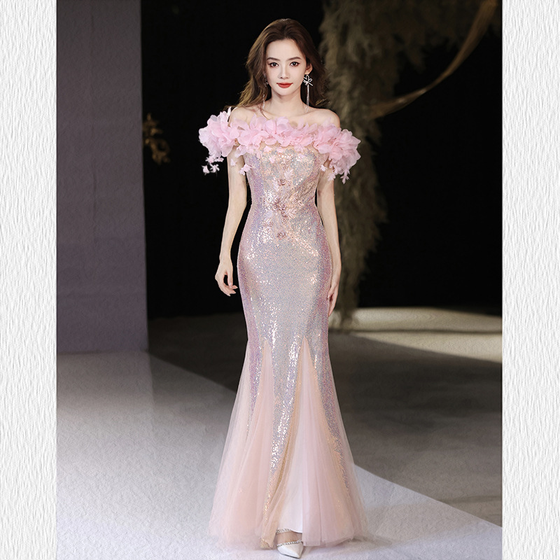 Vestido de noche sirena 2025, hombros descubiertos, alta gama, lujo ligero, nicho, personalizado, de alta clase, para anfitriona, con lentejuelas, para reunión anual, cena, fiesta, brillante