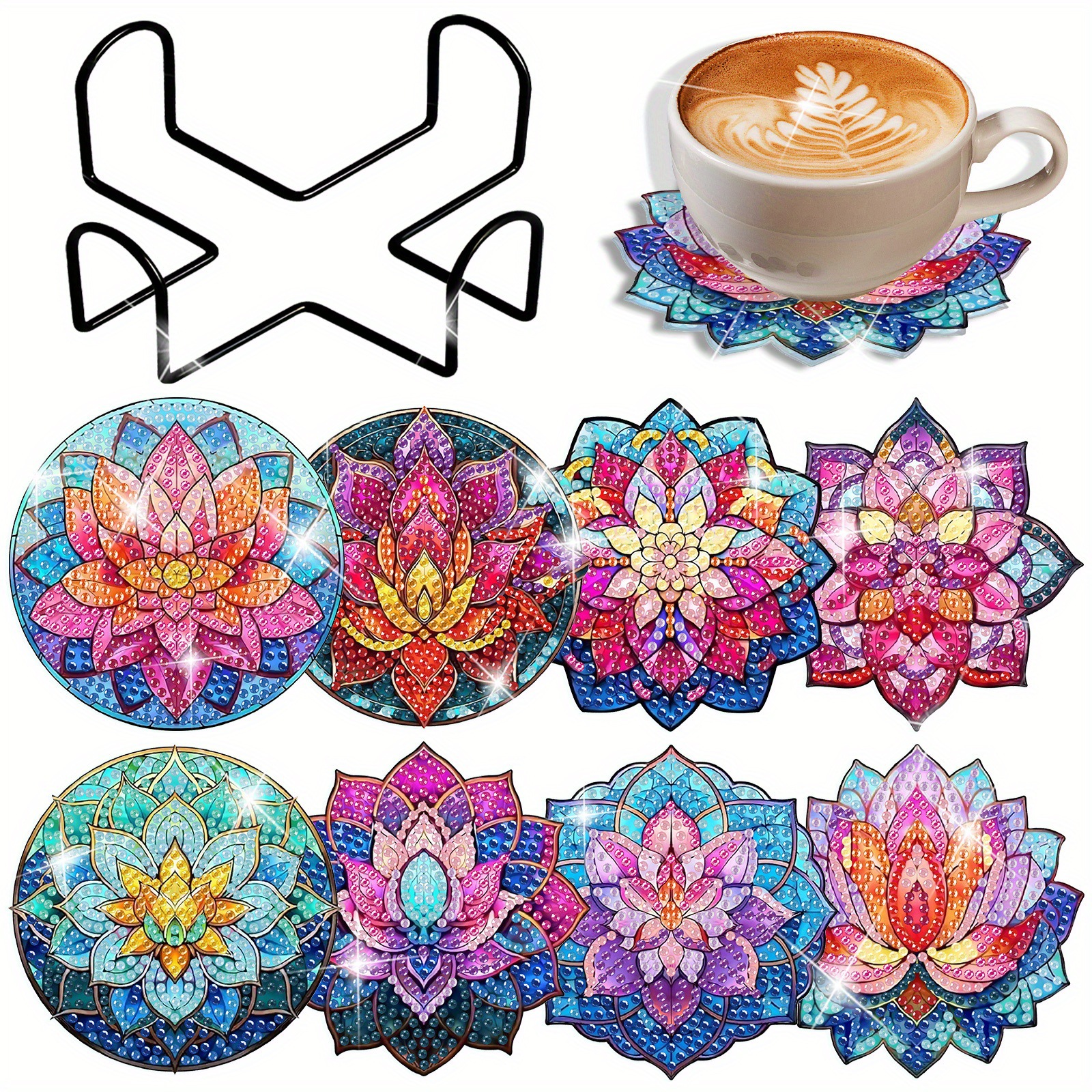 Ventas transfronterizas calientes de 8 piezas de conjunto de cojín de taza de arte de diamante, con soporte, pequeño conjunto de pintura de diamante, adecuado para adultos