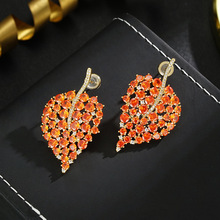 ins大气显瘦红色镂空树叶耳环S925银针金色锆石耳饰批发个性风潮