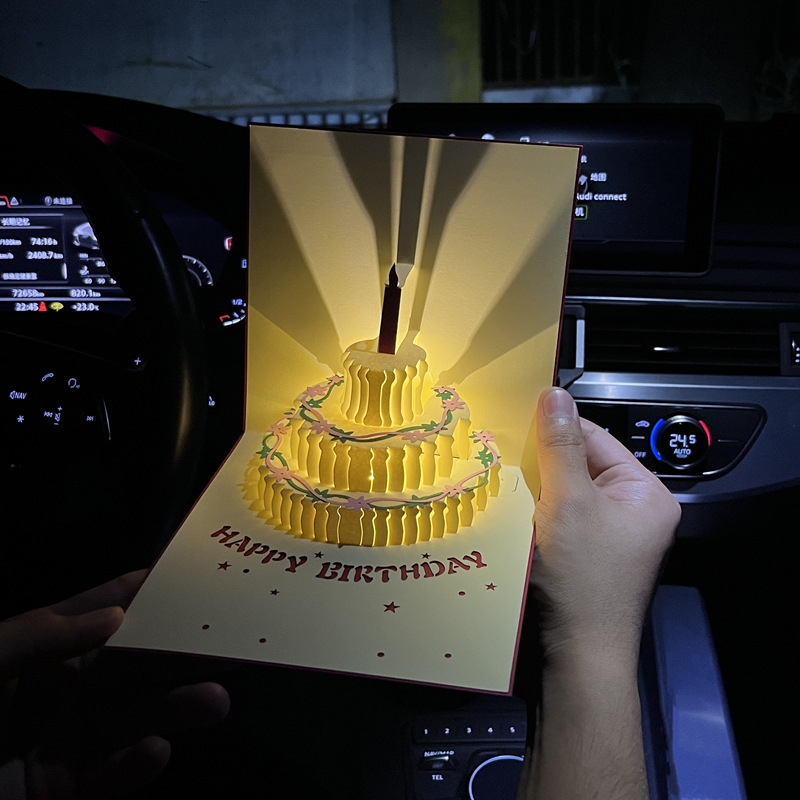 Birthday Greeting Card Music Lighting Advanced Sense 3D Cake Confession Handmade Gift Blessing to Send Friends Small Cards
