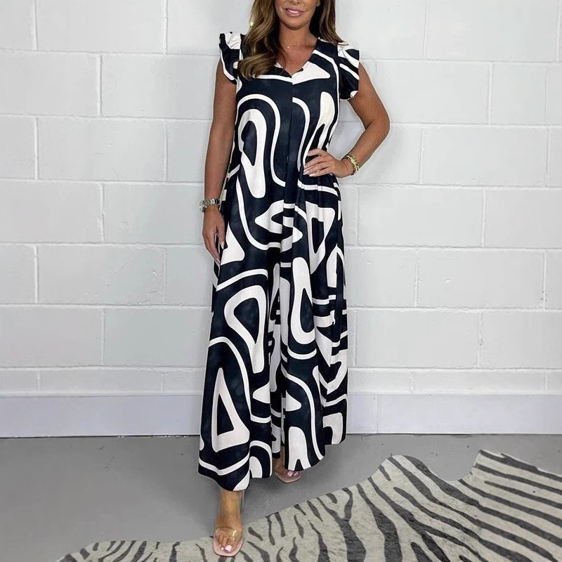 2025 Amazon Summer New European and American Women's Lace-up Ruffled Wide-leg Trousers Printed Casual Pants for Women