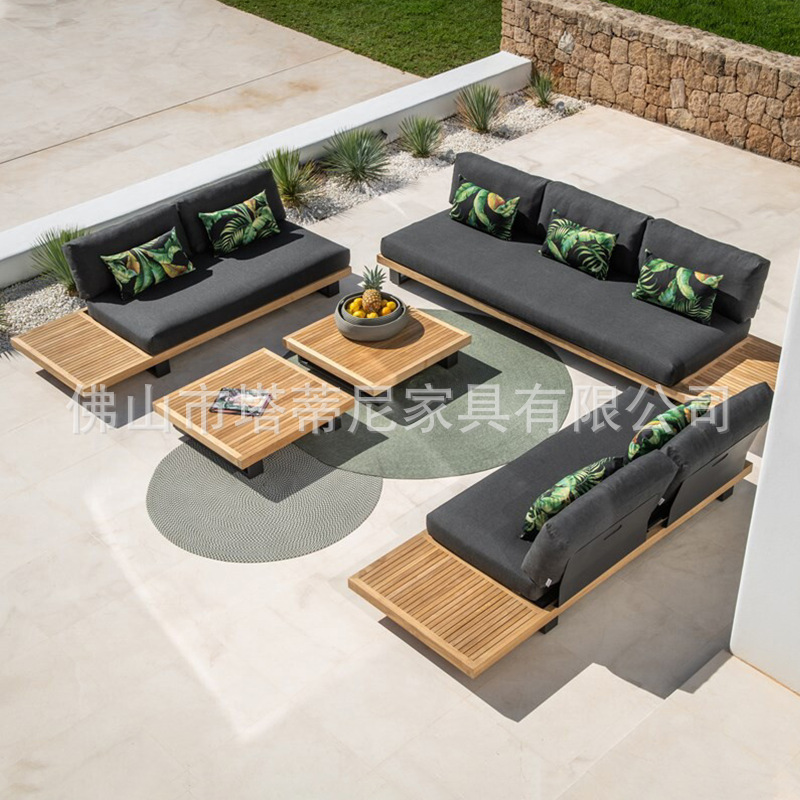 Sofá de exterior para patio, villa, B&B, hotel, muebles de madera maciza para terraza, jardín, resistente a la lluvia, protección solar, anticorrosión, madera de teca