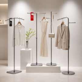 服装店展示架落地式不锈钢银色简约陈列架女装中岛货架童装挂衣架