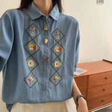 棉质刺绣翻领牛仔衬衫女宽松短袖复古名族风开衫上衣衬衣女装