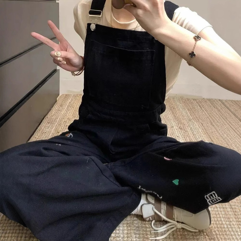 【韩牛】黑色重工刺绣2025秋季新款背带裤女美式复古设计感直筒裤|undefined