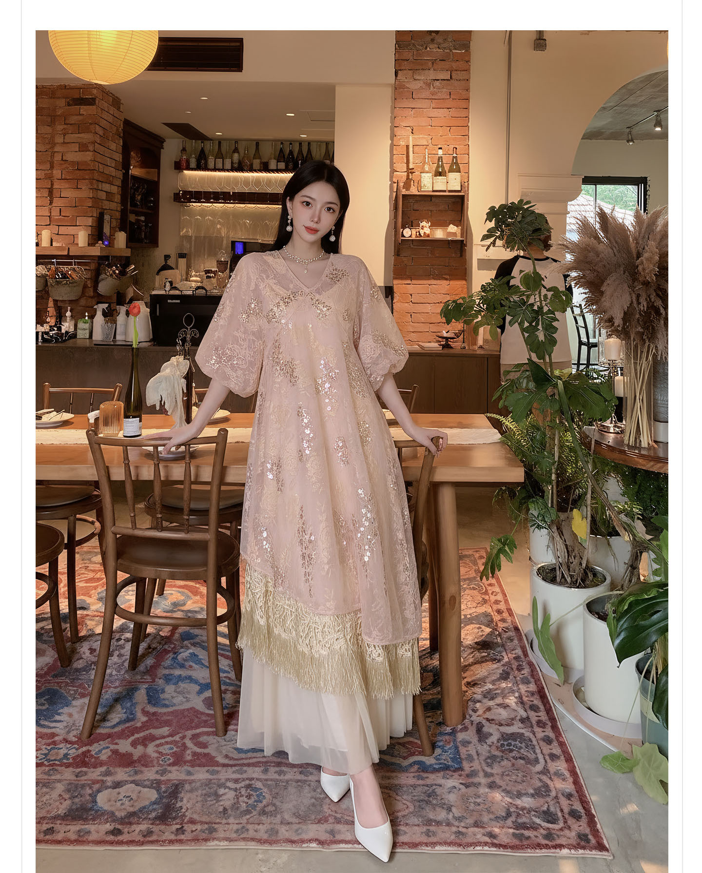 Đầm maxi nữ thắt eo họa tiết hoa thêu phong cách tân cổ điển hai dây — màu hồng chi tiết 9