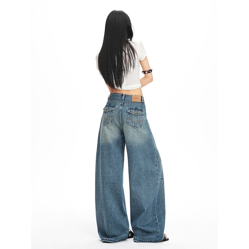 Trendy American-Style Wide-Leg Jeans for Women, New Spring Design with No Waistband, Pocket Design, Loose Fit, Slimming, Floor-Length Pants Trendy American-Style Wide-Leg Jeans for Women, New Spring Design with No Waistband, Pocket Design, Loose Fit, Slimming, Floor-Length Pants