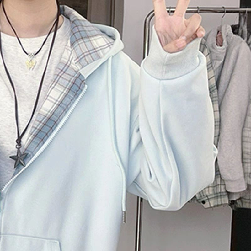 开衫连帽卫衣外套女秋冬2025新款大码女装拼接格子设计感宽松上衣|undefined