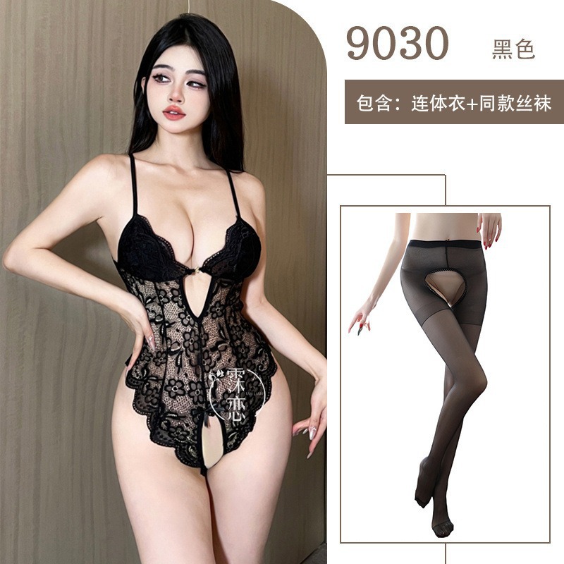 블랙 (패드 내장) + 블랙 오픈 크로치 스타킹