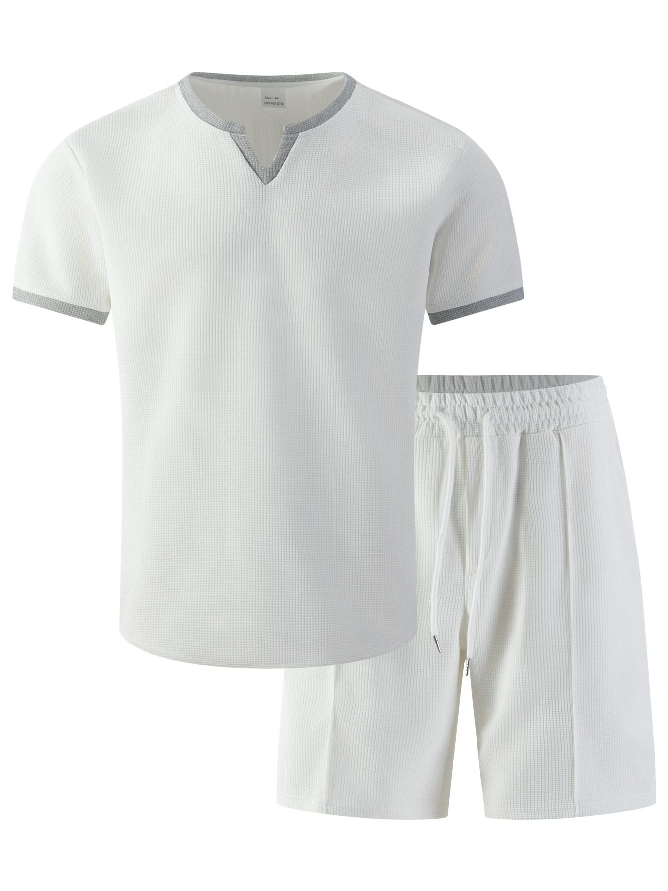 Herren Waffelstrick V-ausschnitt Set Mit T-shirt Und Kurzer Hose_voghion.com