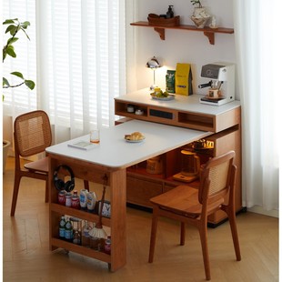 Solid Wood Island Dining Table Integrated Rotating Retractable Japanese Slate Small Apartment Home Bar Wine Storage Sideboard