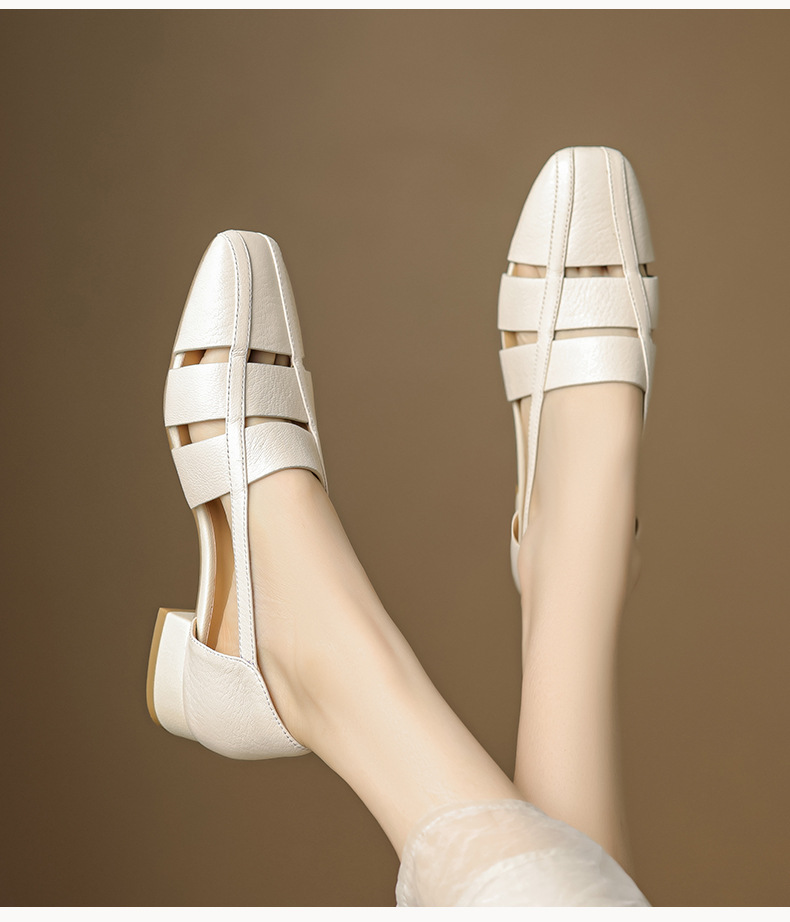Dép sandal nữ bao đầu rỗng gót thấp 3 cm, mũi tròn kiểu dệt, phong cách đơn giản đi làm — đen chi tiết 5