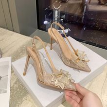 2025年夏新款香槟色配裙子高跟鞋蝴蝶结水钻尖头细跟后空透明凉鞋
