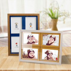 444Z批發四聯5寸6寸簡約兒童連體相框木紋寶寶組合掛牆韓版情侶結