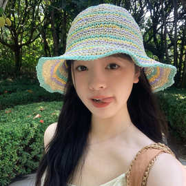 清新感～手工编织草帽女可折叠夏季海边出游透气度假防晒遮阳帽子