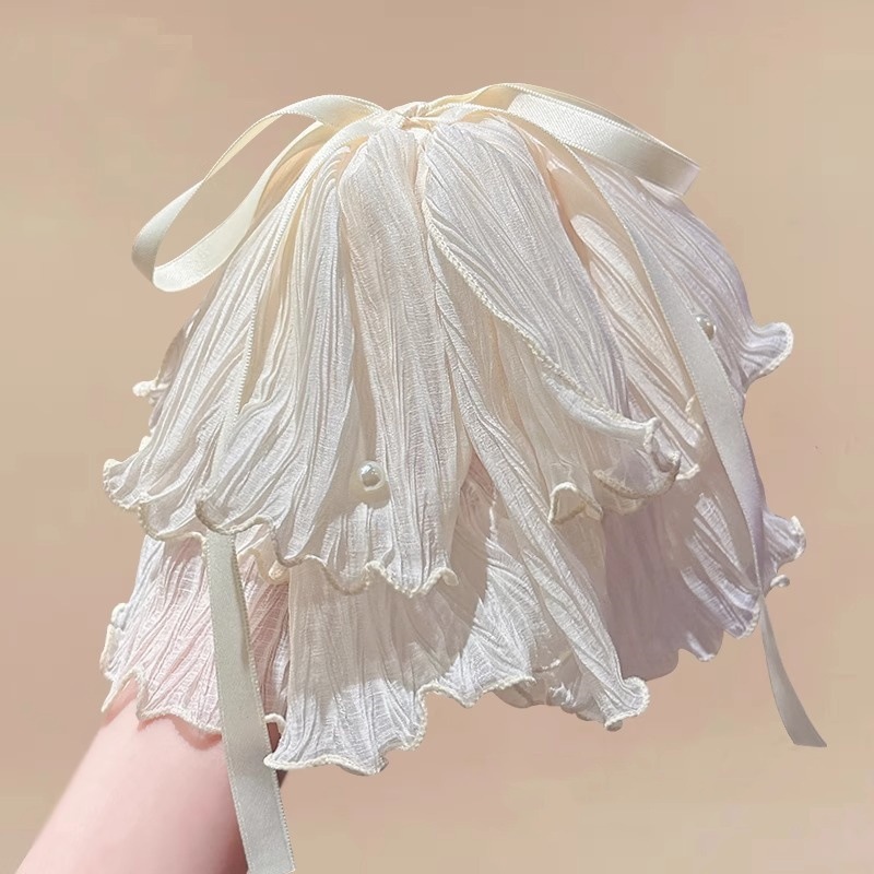 2025 新ハイポニーテール小さな正方形クリップ花タッセルシフォンリボン甘い多層気質ヘアアクセサリー頭飾り|undefined