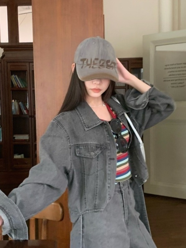 复古时尚牛仔套装女夏季2025新款长袖外套条纹上衣阔腿裤子三件套|undefined