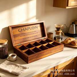 跨境木质桌面多格茶包盒 桌面长方形翻盖咖啡包糖包多格储物盒