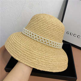 女夏草帽日系珍珠秸秆灯罩帽法式优雅盆帽防晒遮阳帽户外沙滩帽子