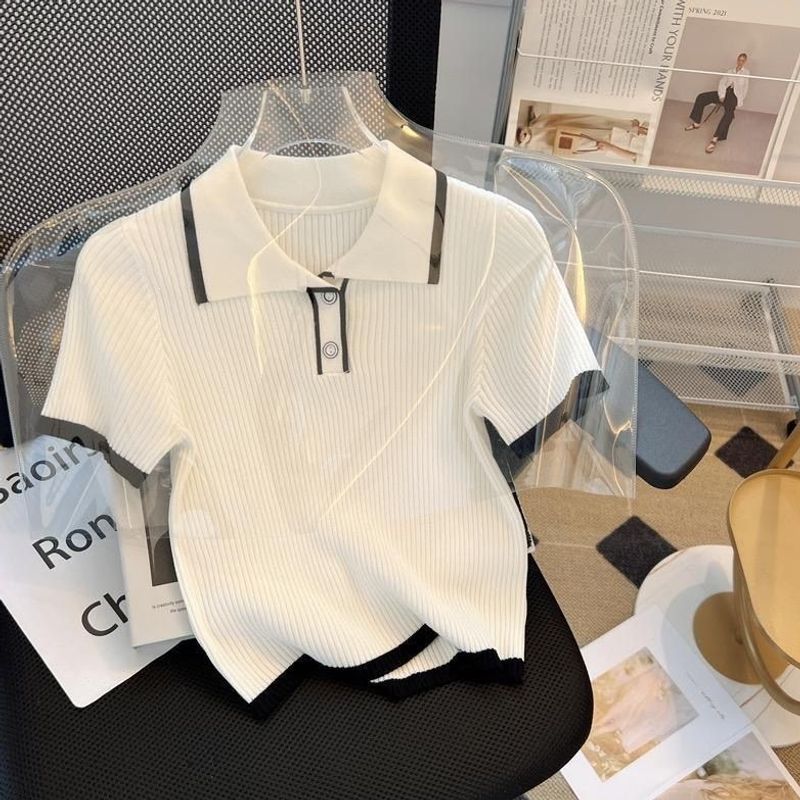Summer White Petite Collar Chanel Style Polo Collar Short Sleeve Knit Top Women's Popular Slimming Short T-Shirt