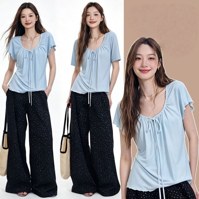 Trendy Relaxed Drawstring Short-Sleeve T-Shirt for Women, Summer Pure Chic Loose Casual Versatile Round-Neck Top Trendy Relaxed Drawstring Short-Sleeve T-Shirt for Women, Summer Pure Chic Loose Casual Versatile Round-Neck Top
