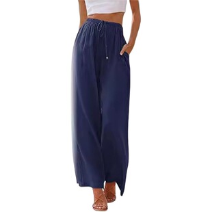 2024 Amazon ebay AliExpress European and American plus size Women's Pants Linen Loose Casual Pocket Drawstring Wide Leg Pants Women