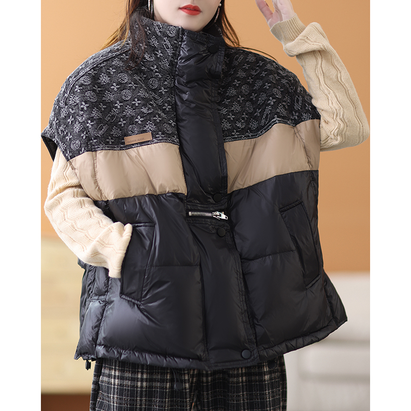 Damenbekleidung Stehkragen Kontrastfarbe Warme Jacke Jacke Weste Damen kurz Winter locker modisch All-Match weiße Ente Warme Jacke Weste_voghion.com