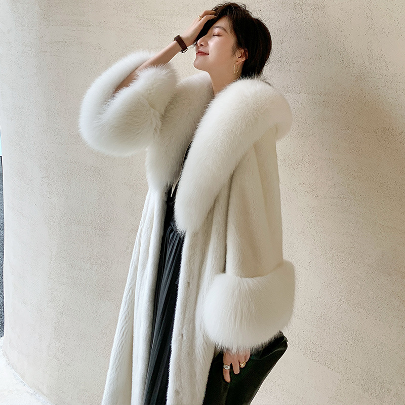 Haining Mink Fur Coat Women's Western-style Mink Fur Coat Long Mink Fur Coat Fox Fur Collar Plus Fat Plus