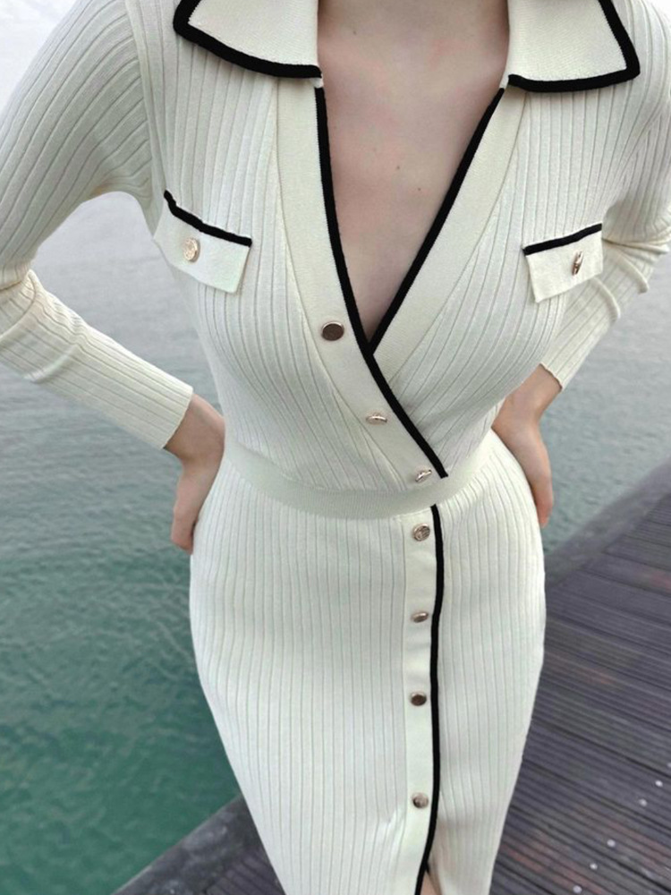 Women's Sheath Dress Sexy V Neck Button Long Sleeve Color Block Midi Dress Banquet Daily Date display picture 16