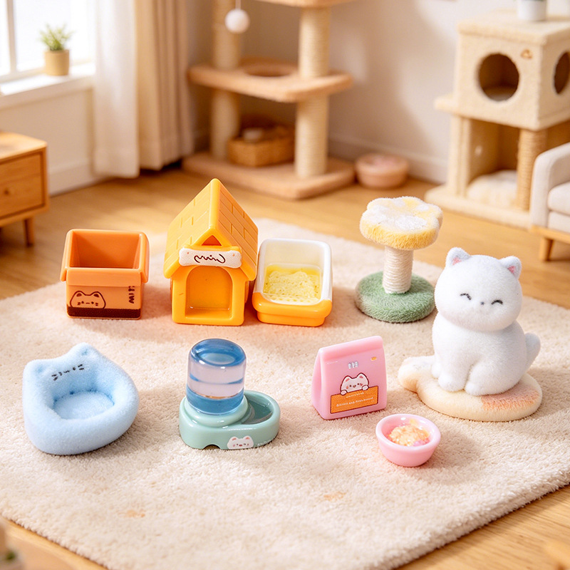 New Miniature Cat House Collection, Plush Cat Climbing Frame Scene Decoration Set, Dollhouse DIY Popular Blind Box