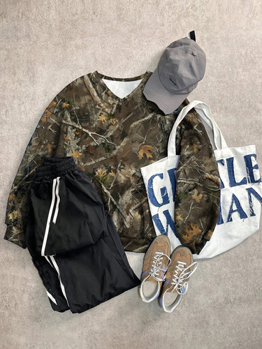 Spring and Autumn Camouflage Tree Branch Pattern Minimalist V-Neck Long-Sleeve Women's Sweatshirt Hot Item