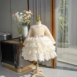 公主裙女童2025新款秋千金连衣裙杏色女孩蛋糕裙子冬周岁女宝礼服