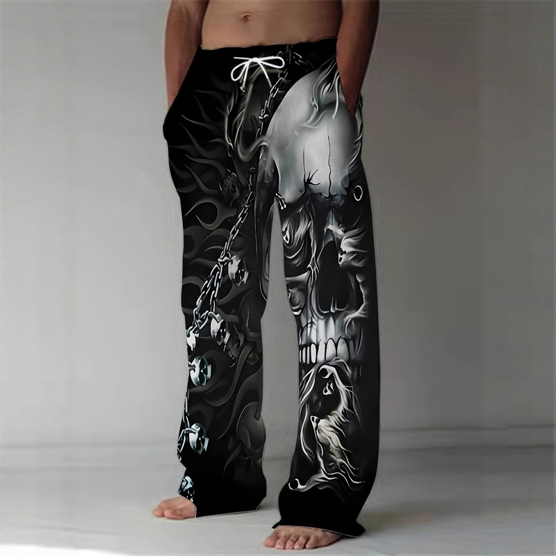 Cross-Border Foreign Trade Summer Men's New Fashion Trousers with Horror Skull Element Pattern Print Casual Wide-Leg Trousers