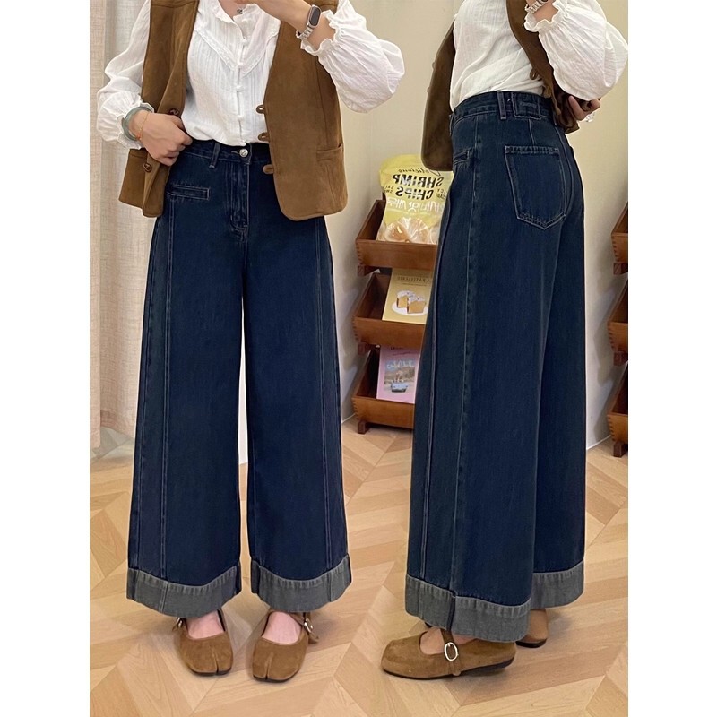 Dark Blue Wide-Leg Jeans for Women, Popular Autumn Commuter Style for Plus-Size Girls, mm Cropped Slimming High-Waisted Loose Jeans Dark Blue Wide-Leg Jeans for Women, Popular Autumn Commuter Style for Plus-Size Girls, mm Cropped Slimming High-Waisted Loose Jeans