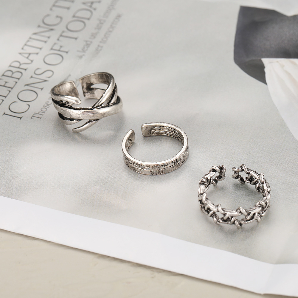 Hip Hop Cold Wind Ring 3-piece Set Personalized Open Finger Ring Six-pointed Star Retro Joint Ring Tail Ring_voghion.com