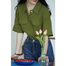 橄榄绿双口袋亚麻短袖衬衫女 夏季法式独特设计感小众上衣