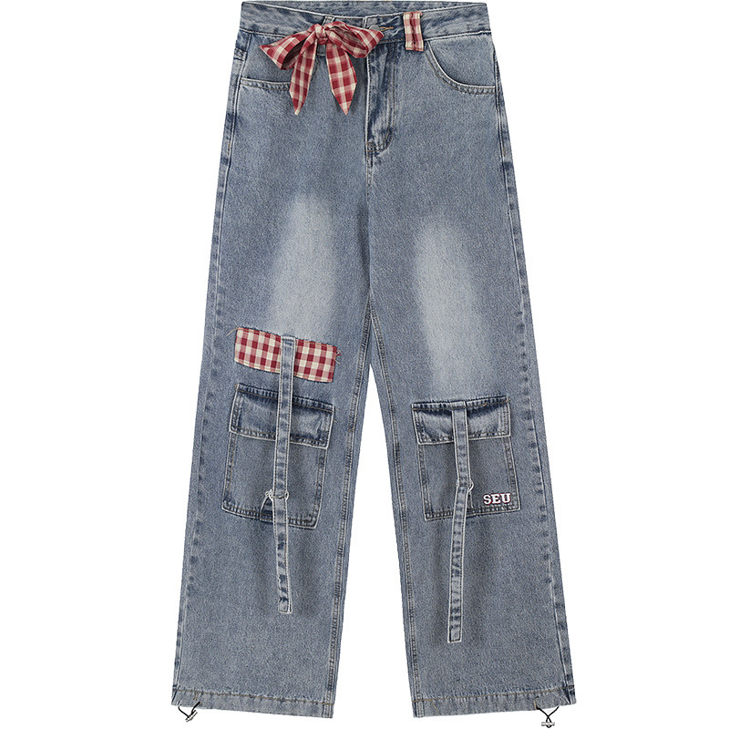 (2개) 자연적인 수렴성 활 끈 체크 바느질 청바지 여성의 2024 새로운 가을과 겨울 뜨거운 소녀 스트레이트 작업 바지