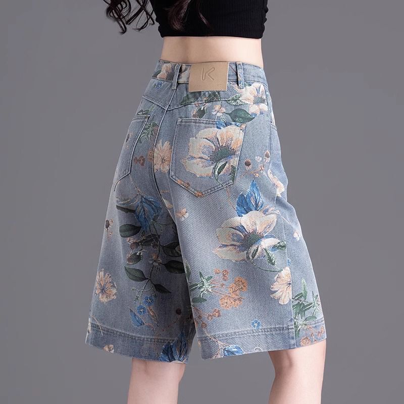 Blue Printed Denim Shorts for Women Summer Thin 2025 New Loose Wide-Leg Mid-Pants High-Waisted Straight-Leg Five-Point Pants
