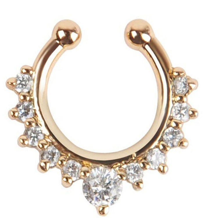 Metal nose clip piercing, alloy with rhinestones, 17×15 mm, lightweight 1,2 g