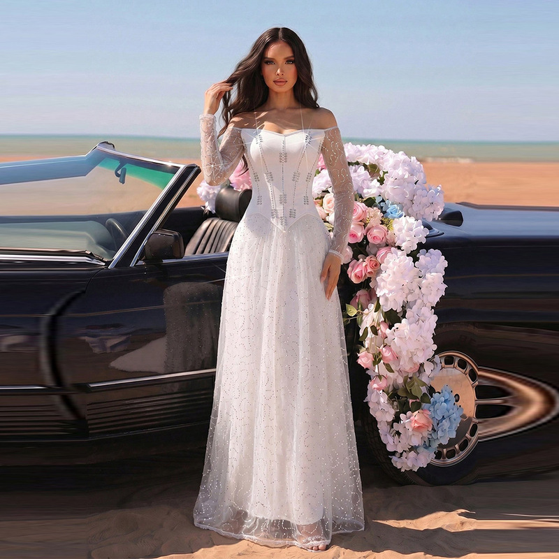 New fashionable white sequin mesh patchwork white dress, one-shoulder long-sleeved elegant women's dress