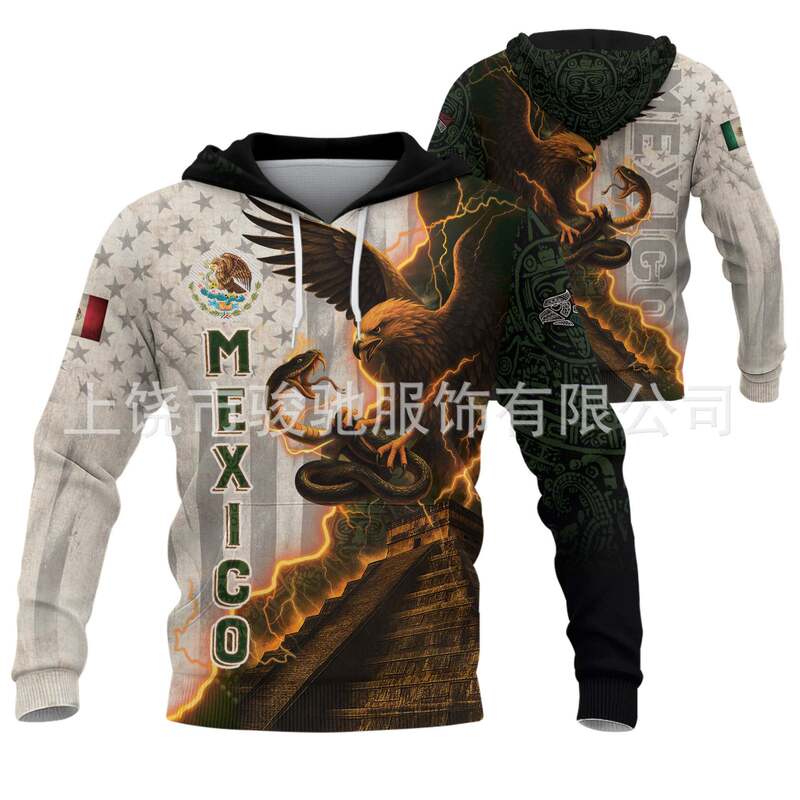Cross-Border Men's Mexican-Themed Hooded Sweatshirt with Eagle, Snake, and Pyramid 3D Print Casual Top Wholesale Cross-Border Men's Mexican-Themed Hooded Sweatshirt with Eagle, Snake, and Pyramid 3D Print Casual Top Wholesale