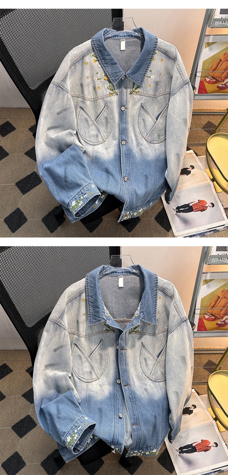 Unisex Gradient Denim Jacket With Floral Embroidery Retro Style_voghion.com