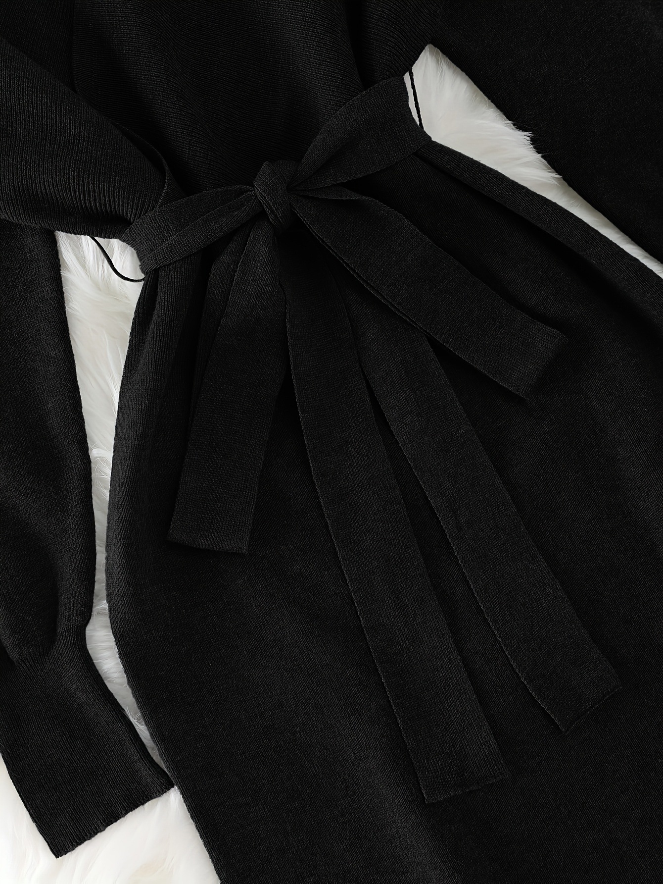 Women's Solid Color Knitted Dress With Bow Belt V Neck Long Sleeve Fashion_voghion.com