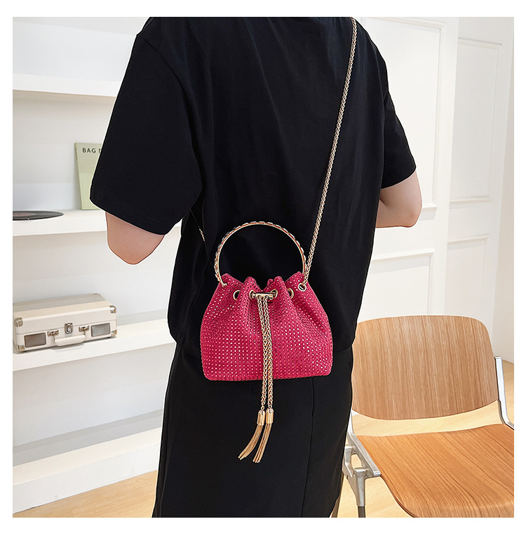 328g Weight Polyester Lining Material String Closure Type Single Shoulder Strap Strap Type Bucket Bag Bags Type Shopping Occasion Pu Leather Material Solid Color Pattern Women'S Gender Rhinestone Design Fashion Style Bucket Shape Small Size Women's Small Pu Leather Fashion Bucket Bag 4