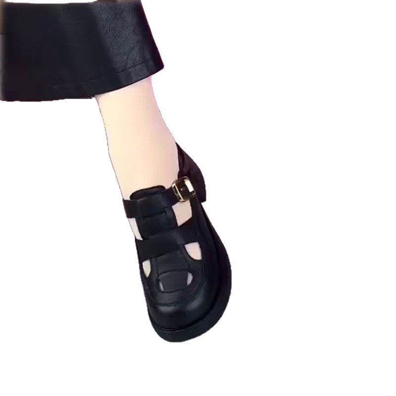 2026 nueva sandalias casuales de talón medio de cuero suave con tacones gruesos huecos de fondo suave ventilados sandalias romanas para mujeres